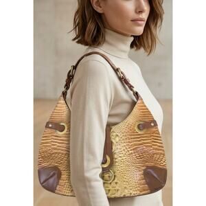 Charlie Lapson Croc Embossed Leather Hobo Bag Cognac Tan Y2K Shoulder Purse 00s